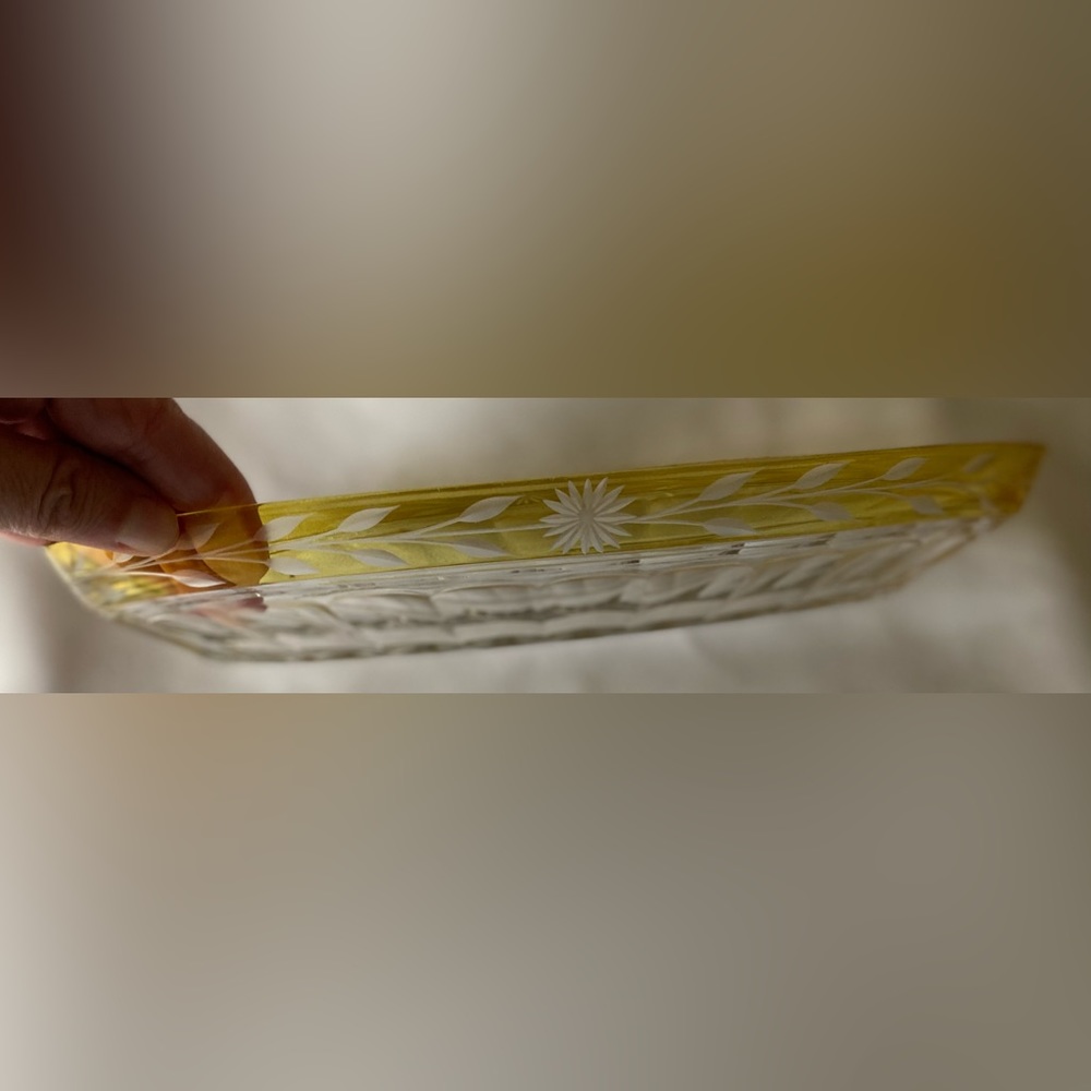 Antique Yellow Edged Oval Crystal Serving Dish with Flower & Leaf Rim Lovely EUC